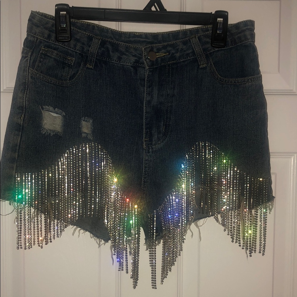 Windsor Dark Blue Denim Mini Skirt with Multicolor Rhinestone Fringe